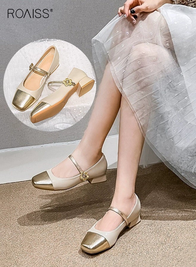 roaiss French Mary Jane for Women Temperament Square Toe Low Heels Shoes Shallow Mouth Versatile Single Shoes New Ladies Real Soft Leather Thick Heel Shoes Beige - Image 1