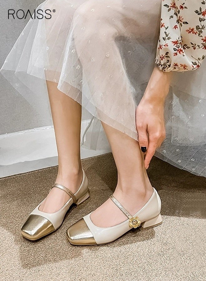 roaiss French Mary Jane for Women Temperament Square Toe Low Heels Shoes Shallow Mouth Versatile Single Shoes New Ladies Real Soft Leather Thick Heel Shoes Beige - Image 5