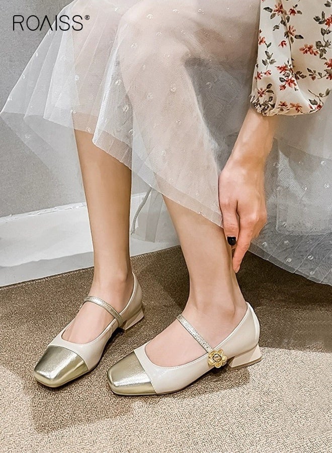 roaiss French Mary Jane for Women Temperament Square Toe Low Heels Shoes Shallow Mouth Versatile Single Shoes New Ladies Real Soft Leather Thick Heel Shoes Beige - Image 5