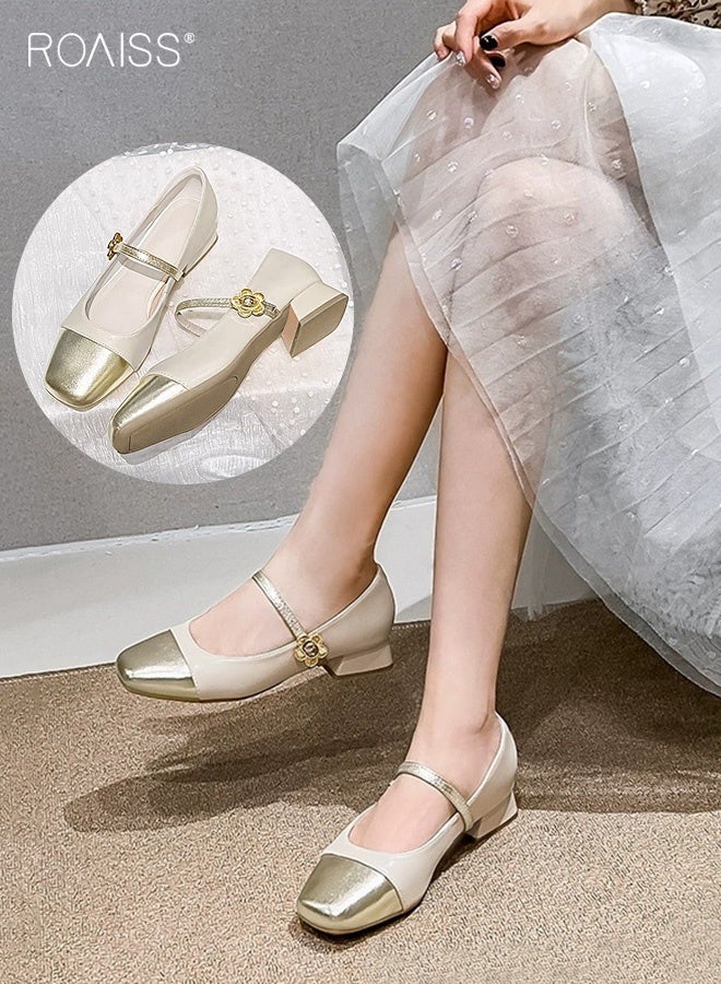 roaiss French Mary Jane for Women Temperament Square Toe Low Heels Shoes Shallow Mouth Versatile Single Shoes New Ladies Real Soft Leather Thick Heel Shoes Beige - Image 1