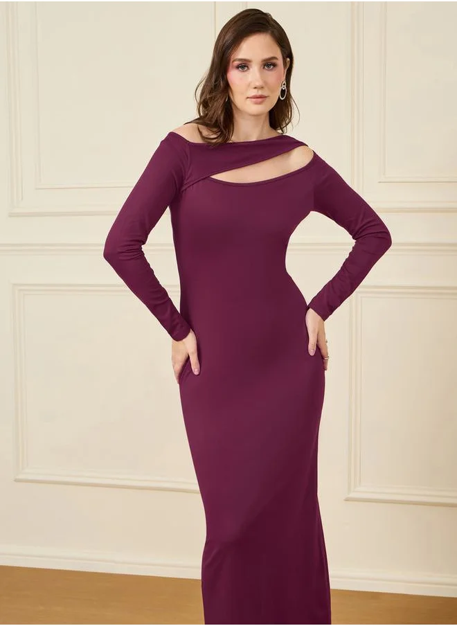 Styli Asymmetrical Neck Long Sleeve Maxi Dress