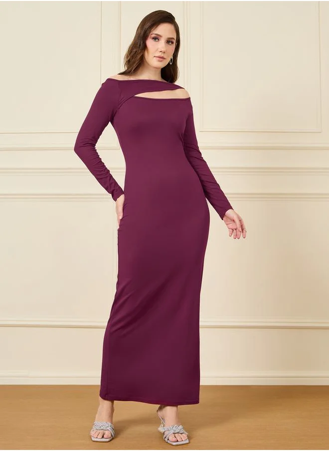 Styli Asymmetrical Neck Long Sleeve Maxi Dress