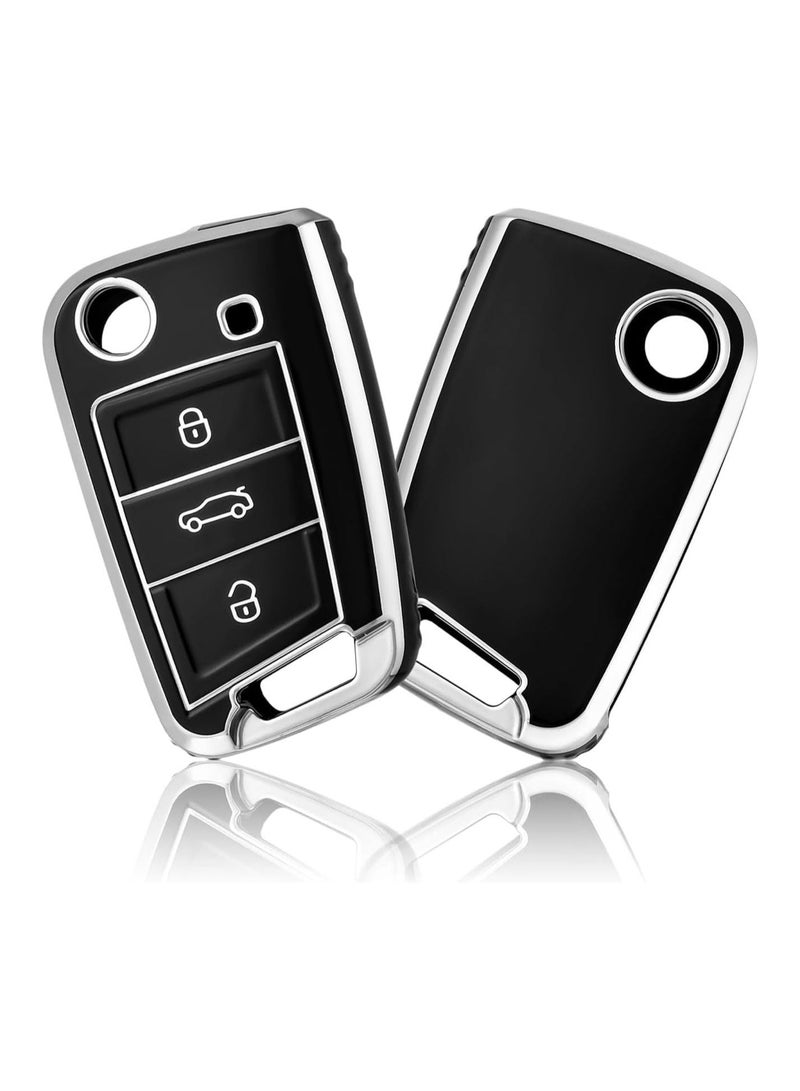 Cover 3 Buttons Silicone TPU Car Case Cover Compatible with Volkswagen Polo MK7 Golf 7 T-Rock Touran Skoda Seat Fabia (Black Silver) - Image 1