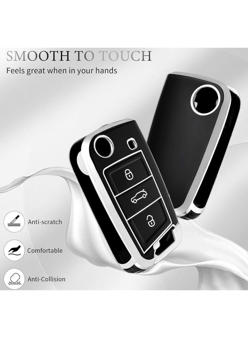 Cover 3 Buttons Silicone TPU Car Case Cover Compatible with Volkswagen Polo MK7 Golf 7 T-Rock Touran Skoda Seat Fabia (Black Silver) - Image 4