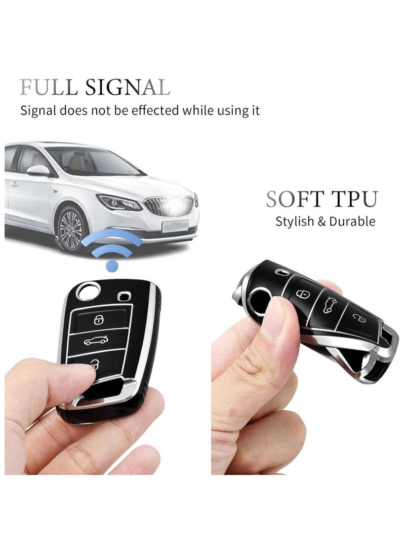 Cover 3 Buttons Silicone TPU Car Case Cover Compatible with Volkswagen Polo MK7 Golf 7 T-Rock Touran Skoda Seat Fabia (Black Silver) - Image 2