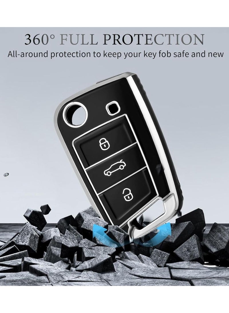 Cover 3 Buttons Silicone TPU Car Case Cover Compatible with Volkswagen Polo MK7 Golf 7 T-Rock Touran Skoda Seat Fabia (Black Silver) - Image 3