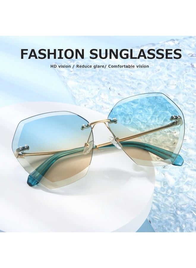 AEVOGUE Sunglasses For Women Over d Rimless Diamond Cutting Lens Sun Glasses AE0534 Gold Frame Upper Peafowl Green Lower Brown, One Size - Image 2
