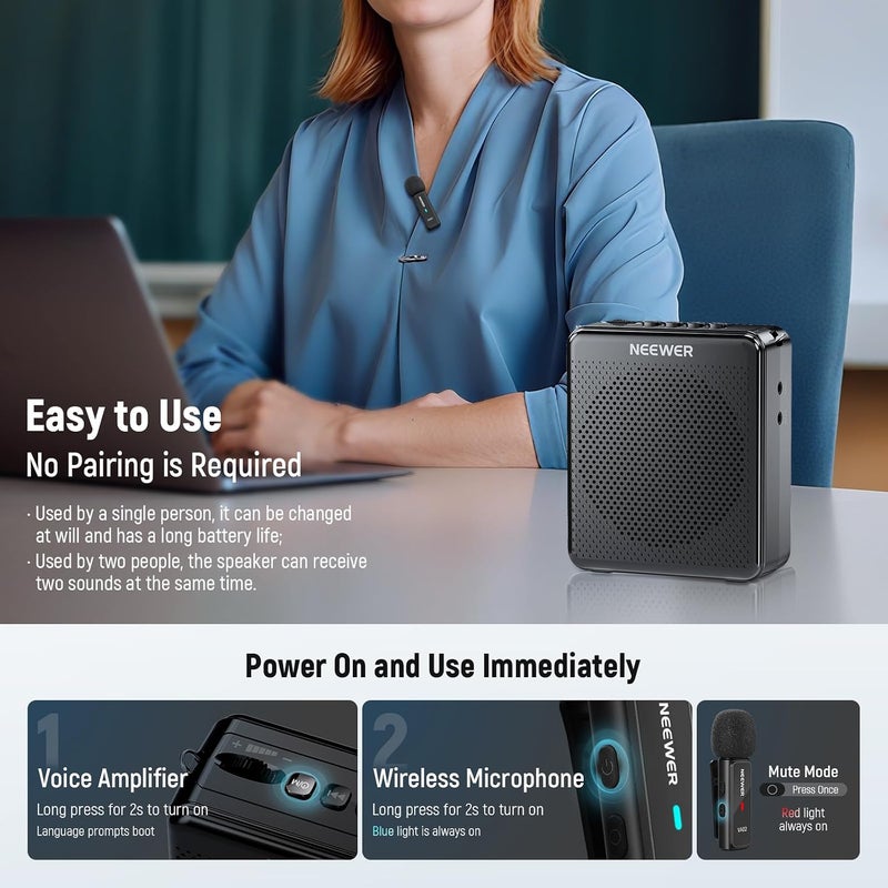 VA02 Voice Amplifier with Wireless Microphone, Portable Mini USB C Rechargeable Noise Cancelling Sound Speaker Megaphone & Mic Set, 10Hrs, 15m Range for Classroom Teachers Trainers Tour Guides - Image 2