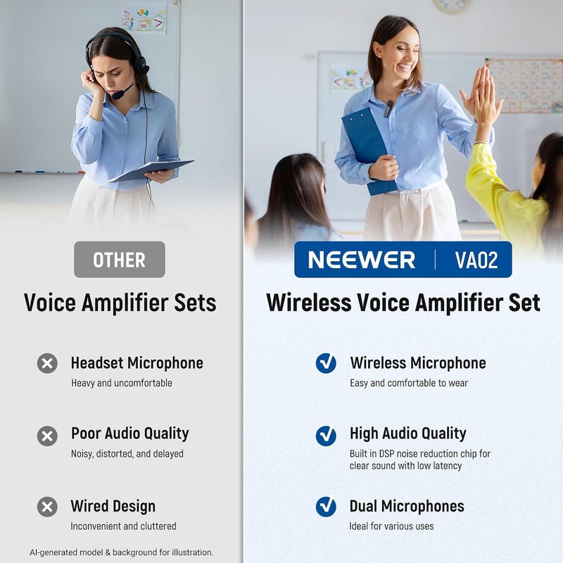 VA02 Voice Amplifier with Wireless Microphone, Portable Mini USB C Rechargeable Noise Cancelling Sound Speaker Megaphone & Mic Set, 10Hrs, 15m Range for Classroom Teachers Trainers Tour Guides - Image 5