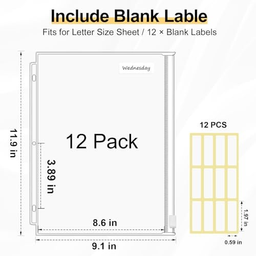 KTRIO Letter Size Binder Pockets 3 Ring Binder Zipper Pouch 12 Pack, 3 Holes Clear PVC Loose Leaf Bags 8.5"×11" Document Folders for Business Office School Supplies - Image 2