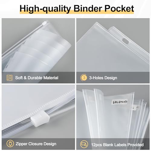 KTRIO Letter Size Binder Pockets 3 Ring Binder Zipper Pouch 12 Pack, 3 Holes Clear PVC Loose Leaf Bags 8.5"×11" Document Folders for Business Office School Supplies - Image 3