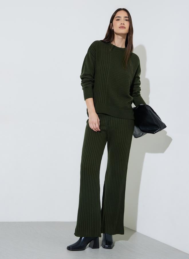 Styli Olive Green Ribbed Knit Sweater and Pants Co-Ord Set - Image 1