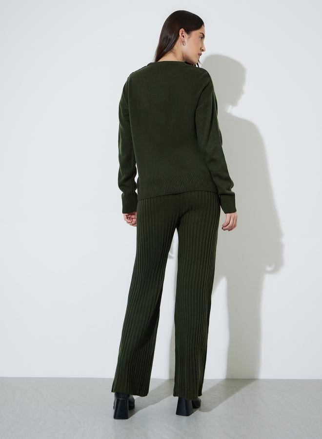 Styli Olive Green Ribbed Knit Sweater and Pants Co-Ord Set - Image 3