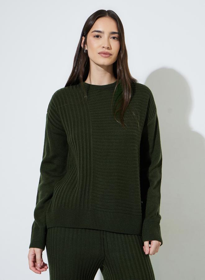 Styli Olive Green Ribbed Knit Sweater and Pants Co-Ord Set - Image 2