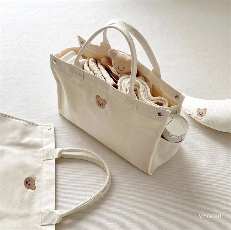 Casual Simple All-Match Bear Embroidered Mummy Bag Baoma Going Out Canvas Bag Mother And Child Tote Bag - Image 5