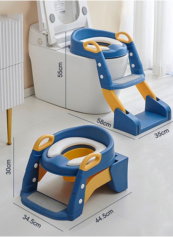 Children's Toilet Seat Supplies-Auxiliary Toilet Ladder, Infant Baby Ladder Folding Toilet Seat (Three-In-One Blue PVC)