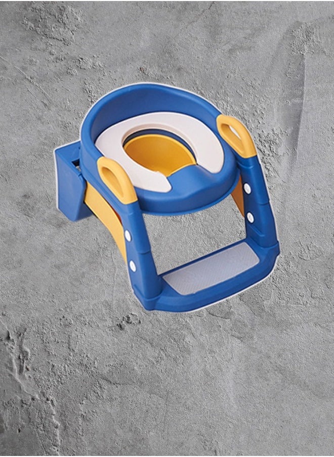 Children's Toilet Seat Supplies-Auxiliary Toilet Ladder, Infant Baby Ladder Folding Toilet Seat (Three-In-One Blue PVC)