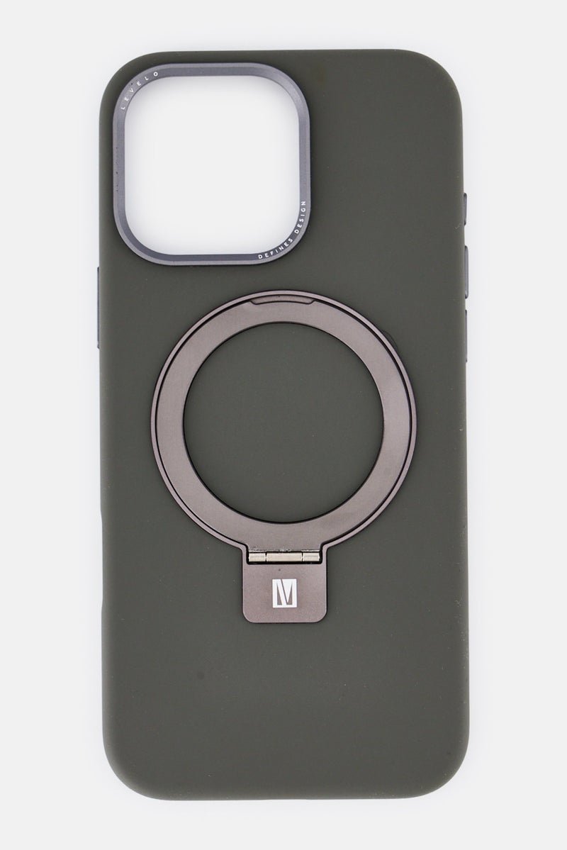 LEVELO حافظة آيفون 16 برو ماكس إيريس ماغسيف سيلكون سائل مع حامل حلقة، رمادي - Image 1
