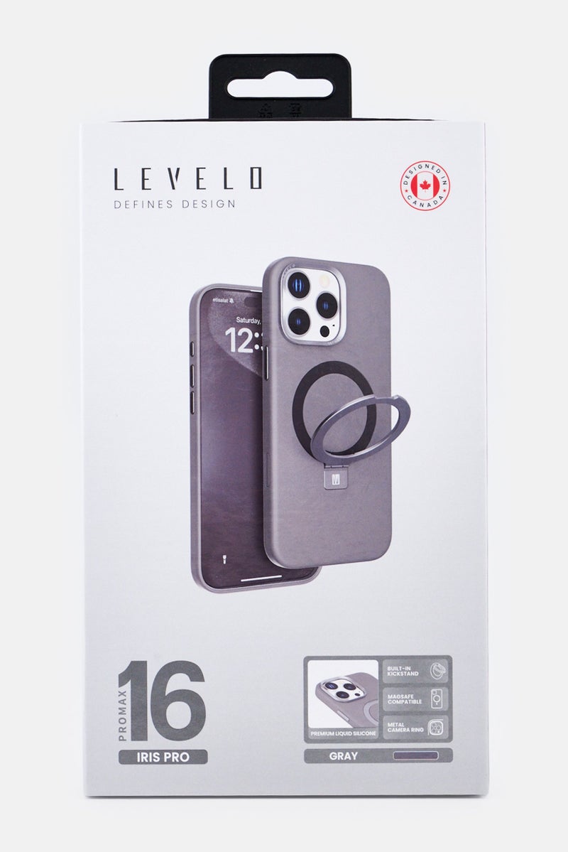 LEVELO حافظة آيفون 16 برو ماكس إيريس ماغسيف سيلكون سائل مع حامل حلقة، رمادي - Image 2