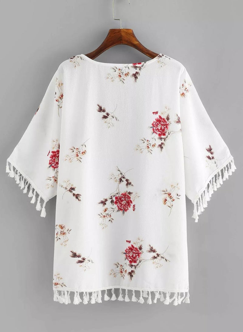 Fringe Trim Florals Kimono - Image 2