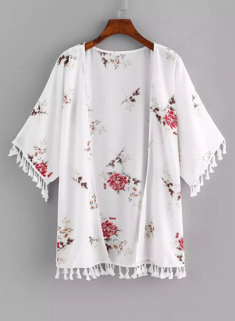 Fringe Trim Florals Kimono - Image 1