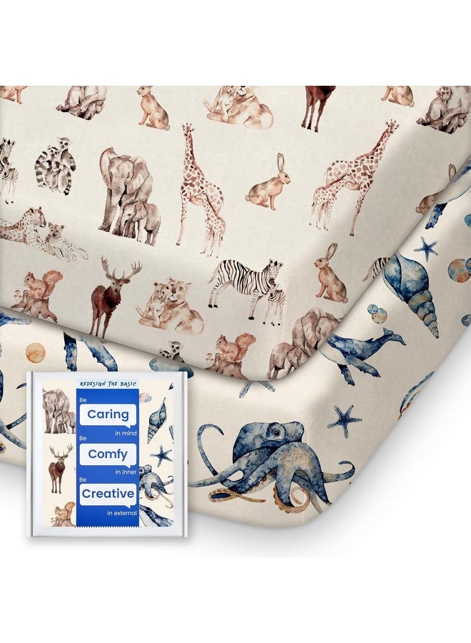 TOTBASIC Graco Pack and Play Fitted Sheets - 2 Pack Mini Crib Sheets, Hypoallergenic and Soothing, Premium Jersey Fabric, Safari Sea Animals Pattern - Image 1