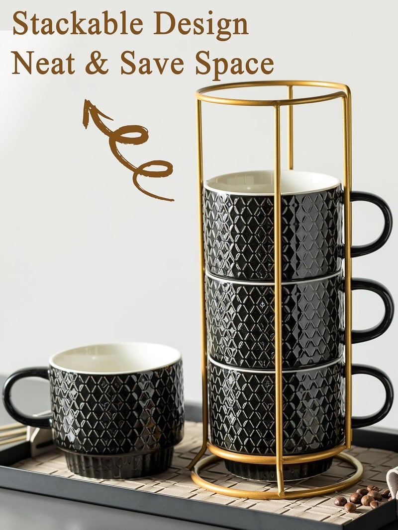 Gomakren Coffee Mugs Set of 4 13 Ounce Stackable Coffee Mug Set with Stand Stoneware Coffee Cup with Spoon for Coffee Milk Tea Cocoa Black - Image 3