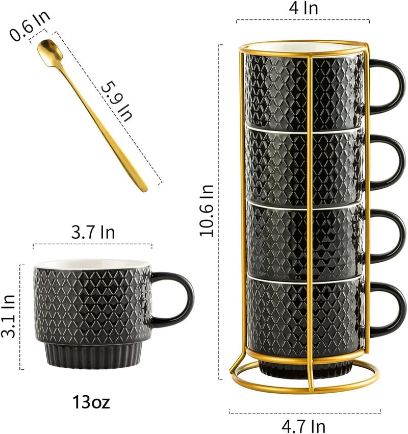 Gomakren Coffee Mugs Set of 4 13 Ounce Stackable Coffee Mug Set with Stand Stoneware Coffee Cup with Spoon for Coffee Milk Tea Cocoa Black - Image 4