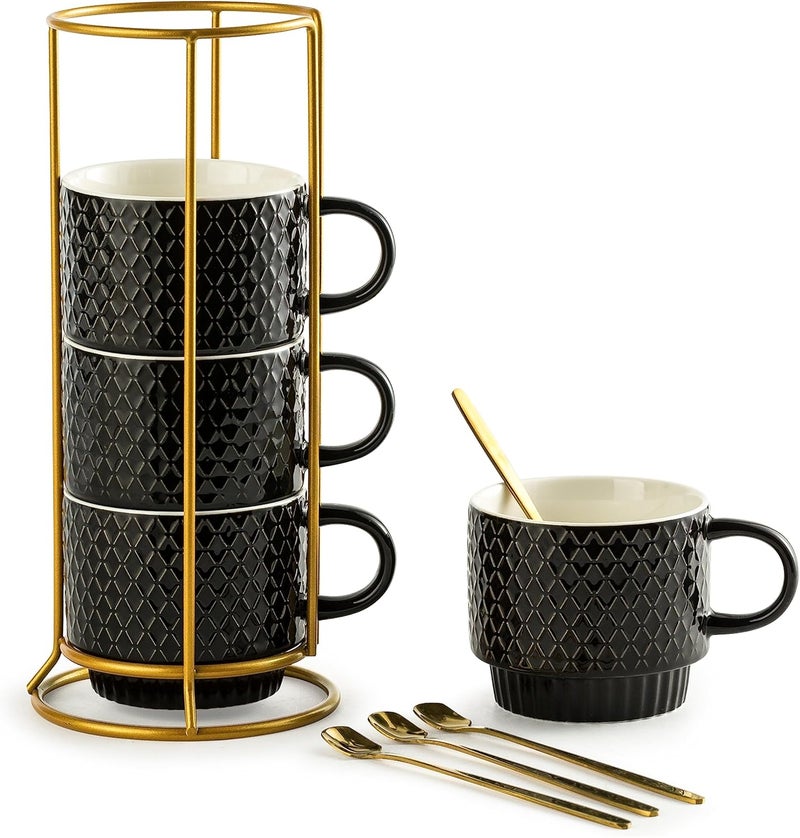 Gomakren Coffee Mugs Set of 4 13 Ounce Stackable Coffee Mug Set with Stand Stoneware Coffee Cup with Spoon for Coffee Milk Tea Cocoa Black - Image 1