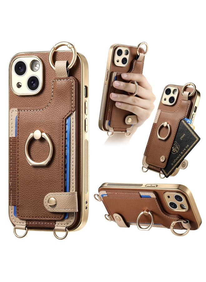 HuHa Case Cover For iPhone 14 Plus Fashion Ring Card Bag Phone Case with Hang Loop Brown 