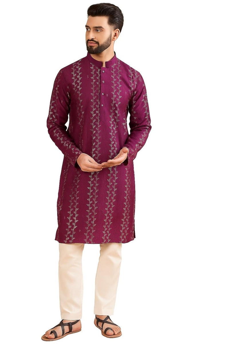 SWAGG INDIA قميص كورتا تقليدي عادي من الكتان للرجال | ملابس تقليدية - Image 1