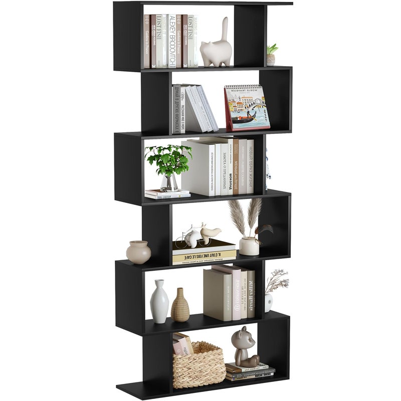 Yusong Bookshelf 6Tier Geometric Bookcase S Shaped Book Shelves for Bedroom Modern Wood Decorative Display Shelf Tall Book Case for Home Office Black