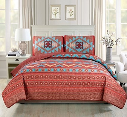 Western Essence Western Southwestern Native American Tribal Navajo Design Multicolor TurquoiseRed Orange Brown Bedspread Quilt Set King  CalKing 
