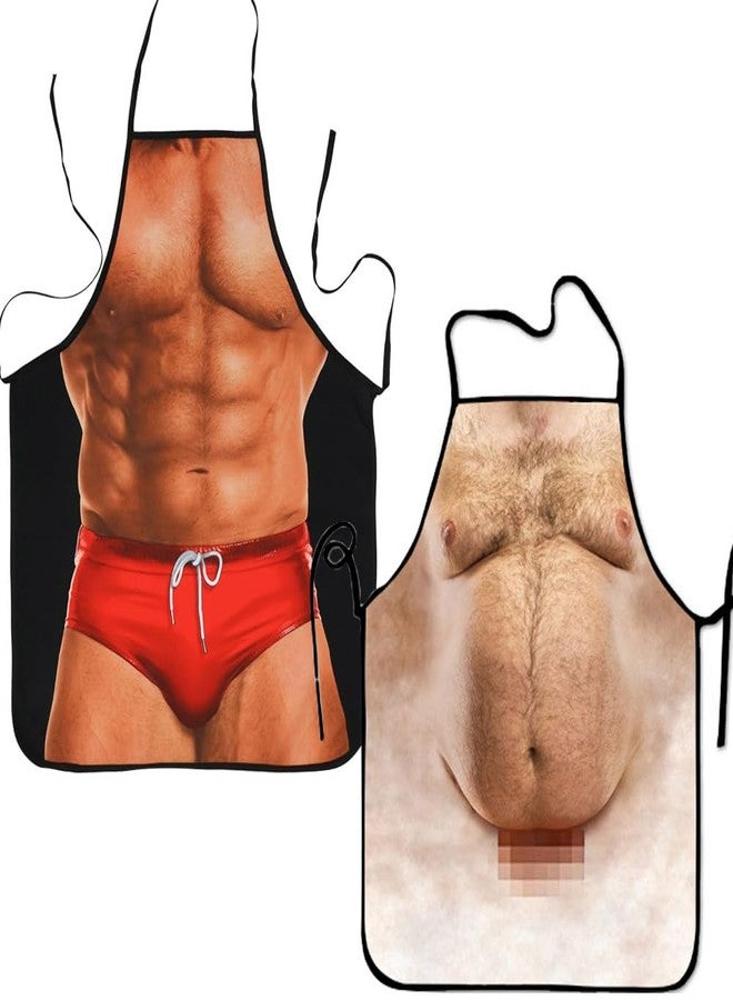 CHAKANLX 2 PCS Cooking Kitchen Aprons for Women Men Chef, Funny Apron, Red Swim Trunks Man & Big Belly Apron - Image 1