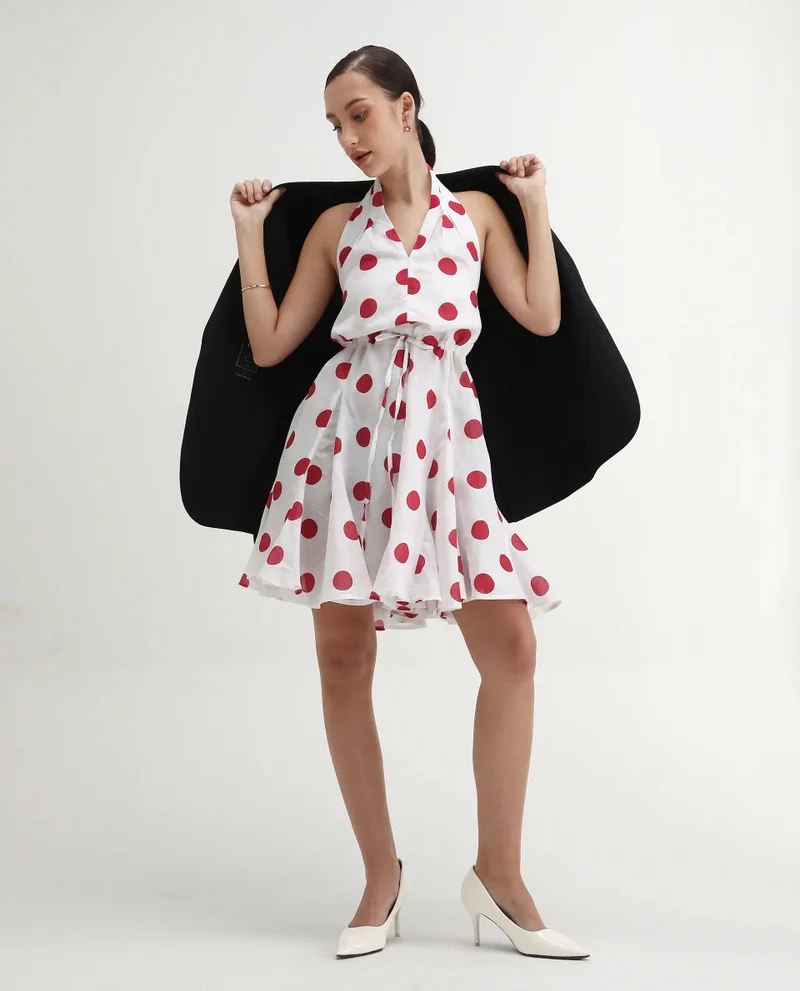 ريريزم Rareism Women Gela Red Sleeveless Halter Neck Fit And Flare Mini Polka Print Dress
