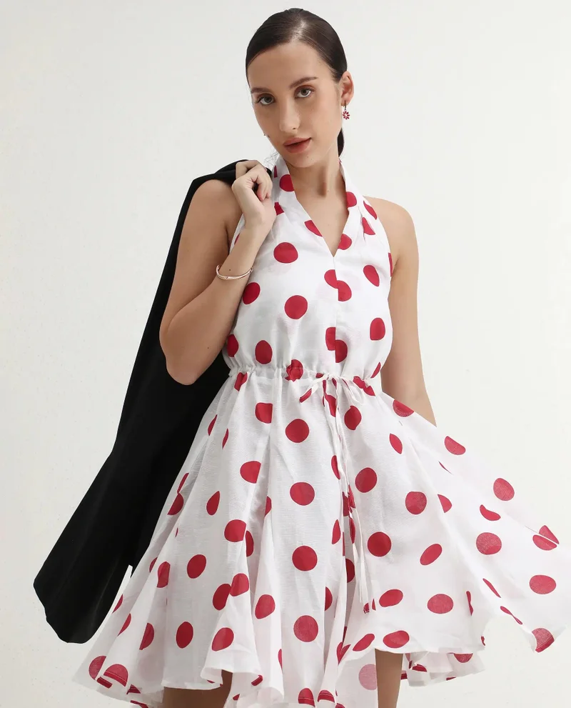 ريريزم Rareism Women Gela Red Sleeveless Halter Neck Fit And Flare Mini Polka Print Dress