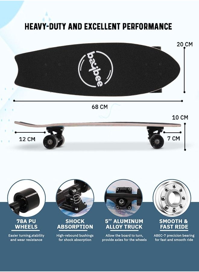 BAYBEE - 68 CM Skating Board For Kids Adults With 7 Layer Maple Wood Deck Pp Wheels Double Kick Concave Skating Board For Beginners Learners Skateboard For Teen Boys Girls Above 5 Years Penguin - Image 1