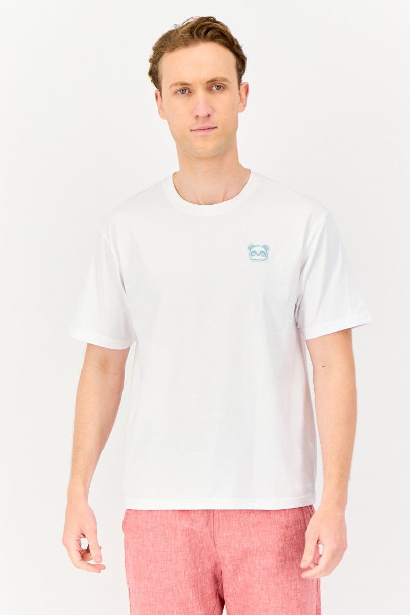 GIORDANO تي شيرت رجالي بأكمام قصيرة وياقة دائرية مزخرفة، أبيض - Image 1