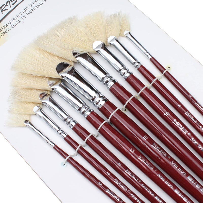 chrome Long Handle White Bristles Fan Paint Brushes, Profession Artist Oil Acrylic Painting Brush Set (Set of 9, Red Wine) - Image 3