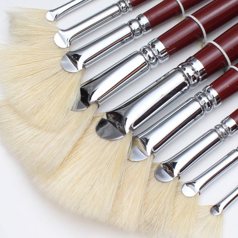 chrome Long Handle White Bristles Fan Paint Brushes, Profession Artist Oil Acrylic Painting Brush Set (Set of 9, Red Wine) - Image 4