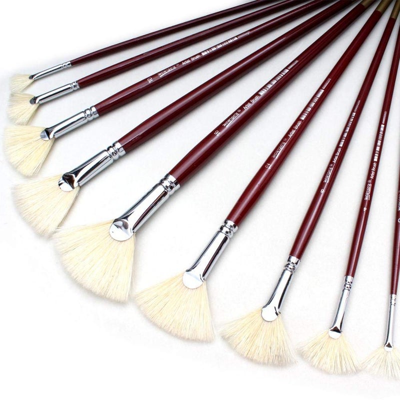 chrome Long Handle White Bristles Fan Paint Brushes, Profession Artist Oil Acrylic Painting Brush Set (Set of 9, Red Wine) - Image 2
