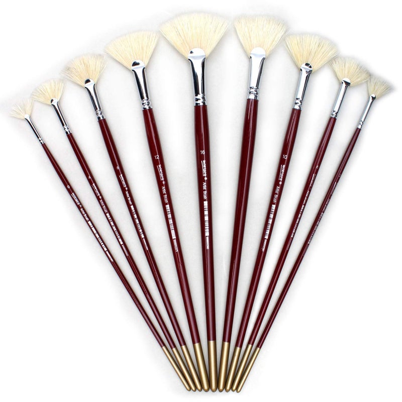 chrome Long Handle White Bristles Fan Paint Brushes, Profession Artist Oil Acrylic Painting Brush Set (Set of 9, Red Wine) - Image 1