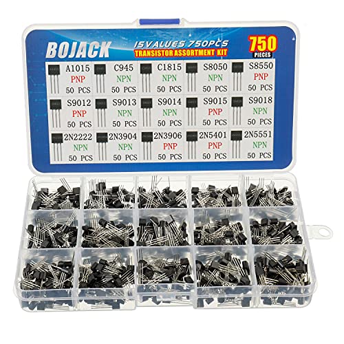 BOJACK 15 Values 750 Pcs A1015 C945 C1815 S8050 S8550 S9012 S9013 S9014 S9015 S9018 2N2222 2N3904 2N3906 2N5401 2N5551 PNP NPN Power General Purpose Transistors Assortment Kit - Image 1