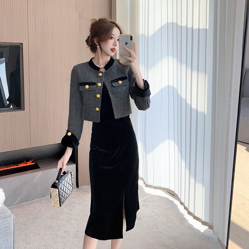 Chic Velour Dress  Jacket Set Women Autumn/Winter 2023 Suspender skirt - Image 2
