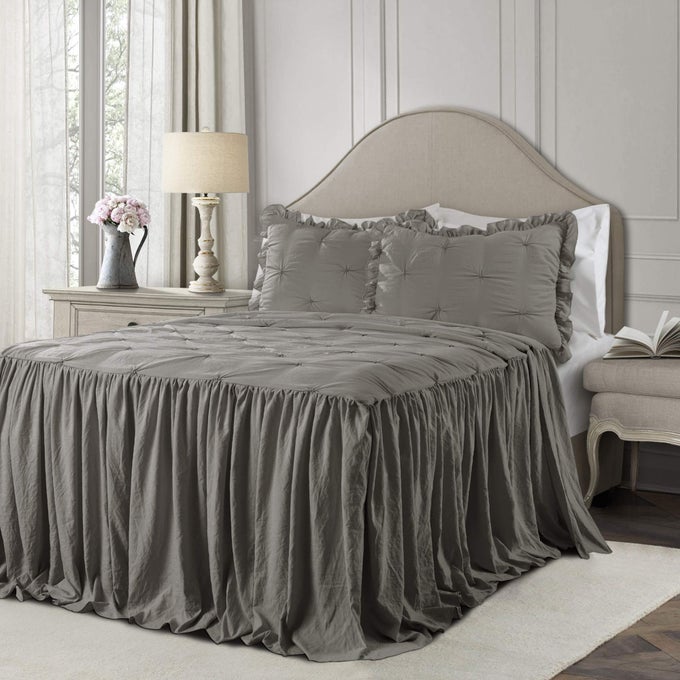 RAVELLO PINTUCK RUFFLE SKIRT BEDSPREAD SET LUXE 2 PIECE RUFFLED BEDDING SET TRADITIONAL GLAM FARMHOUSE INSPIRED BEDROOM DECOR TWIN DARK GRAY