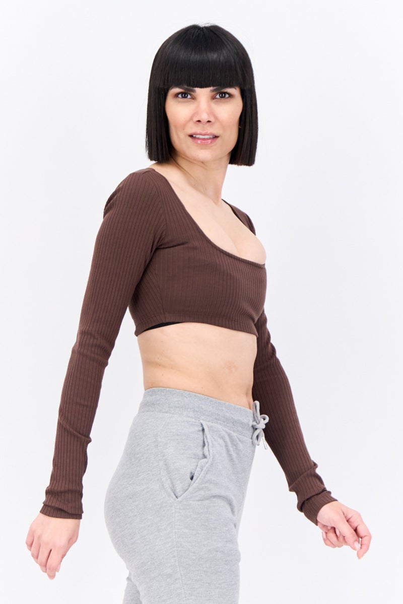 Adidas Women Sportswear Fit Long Sleeve Training Cropped Top, Choco Brown  - Image 2