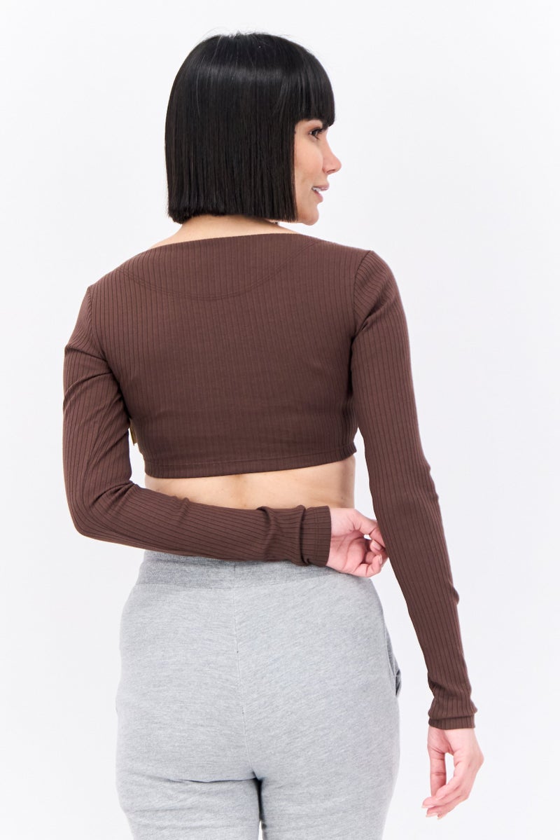Adidas Women Sportswear Fit Long Sleeve Training Cropped Top, Choco Brown  - Image 3