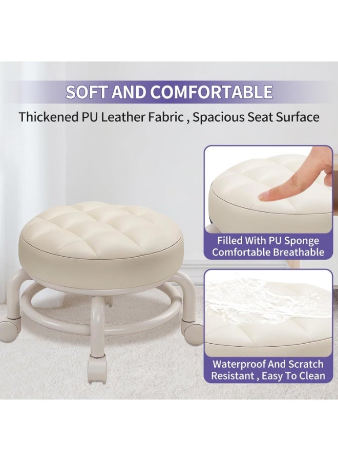 RUCUIAPE Round Rolling Low Stool, PU Leather Low Stool 360° More Comfortable Swivel with Thickened Sponge Cushion for Nail Salon, Pedicure, SPA and Home (White) - Image 3