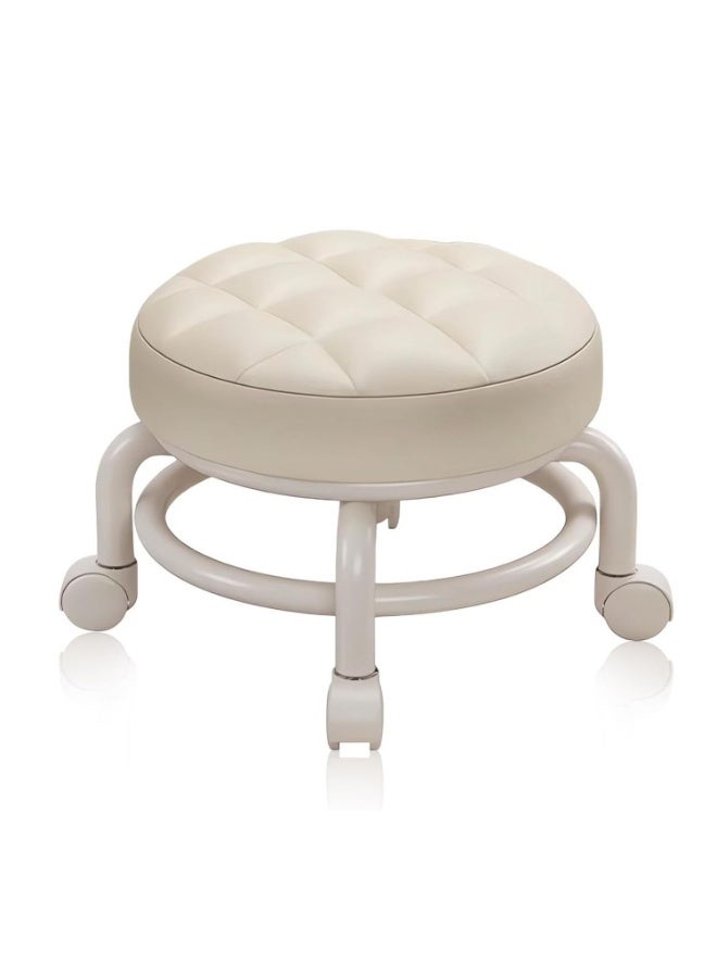 RUCUIAPE Round Rolling Low Stool, PU Leather Low Stool 360° More Comfortable Swivel with Thickened Sponge Cushion for Nail Salon, Pedicure, SPA and Home (White) - Image 1