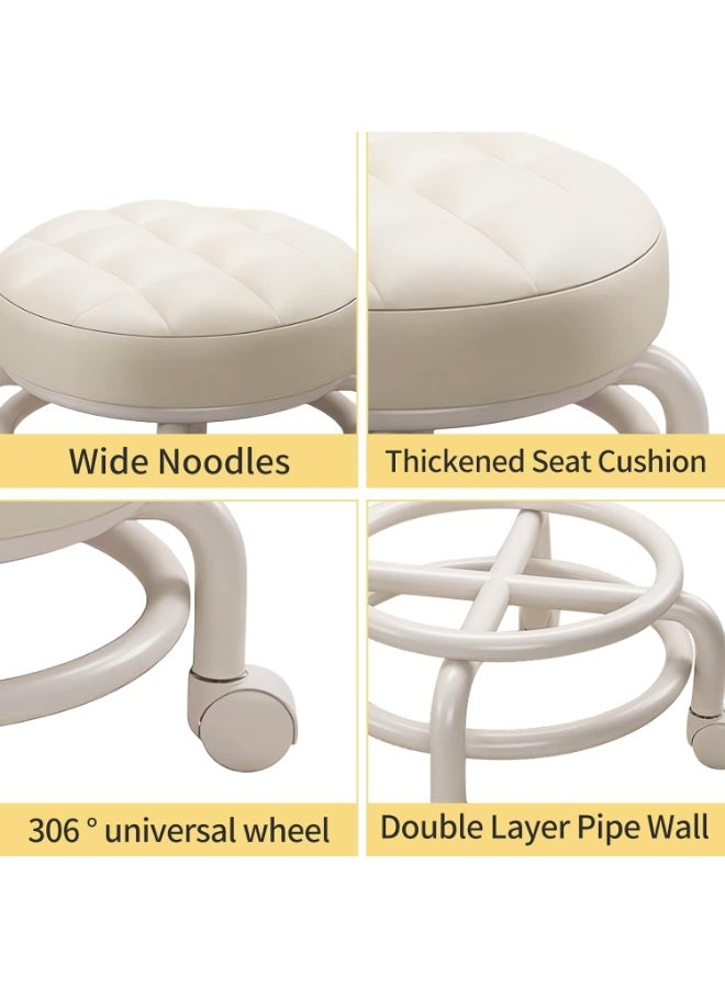 RUCUIAPE Round Rolling Low Stool, PU Leather Low Stool 360° More Comfortable Swivel with Thickened Sponge Cushion for Nail Salon, Pedicure, SPA and Home (White) - Image 5